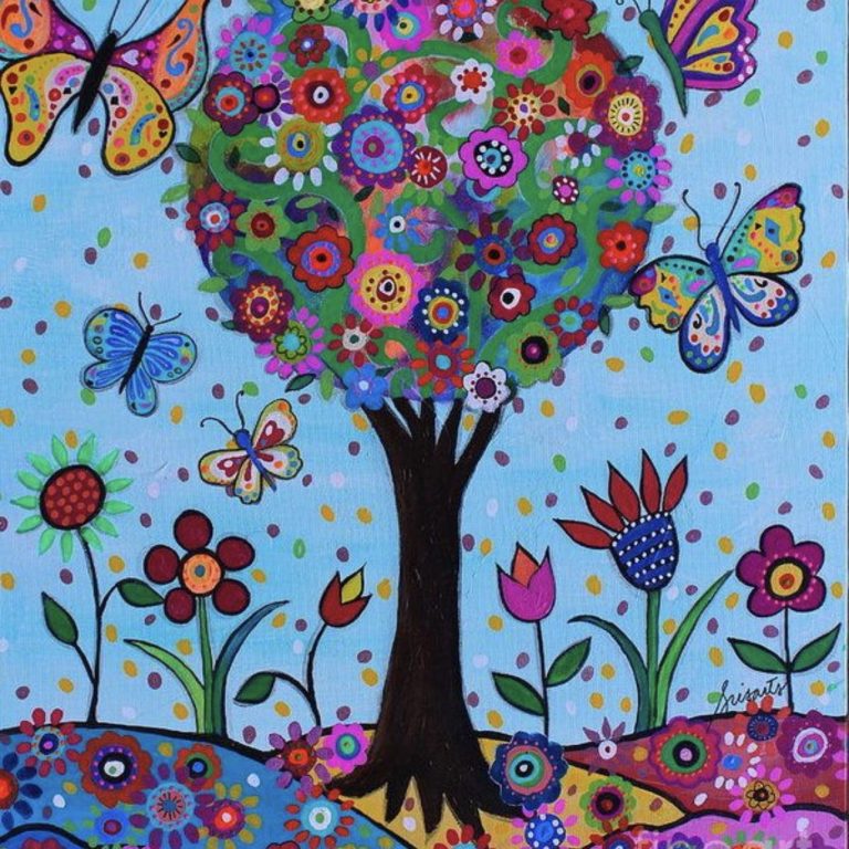 A folksy drawing of a colorful tree with flower buds on its limbs, with butterflies flying around and flowers surrounding the tree. The colors are happy and vibrant.